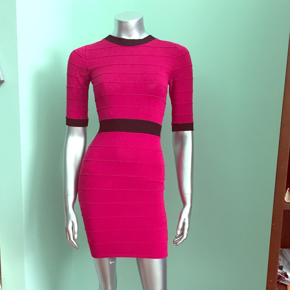 Raspberry banded body con knit dress